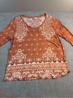 Lucky Brand Women’s 2x Rust Printed Scoop Neck Shirt 3/4 Sleeve Cotton